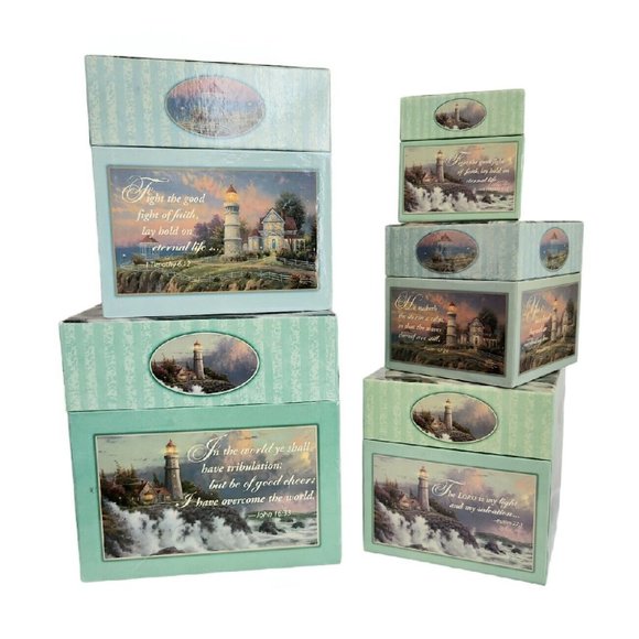 Vtg Thomas Kinkade Nesting Boxes Set Painter Of Light Amcal Scripture Lighthouse - Picture 1 of 14